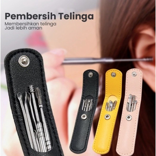 6IN1 KOREK KUPING FREE SET SARUNG KULIT PEMBERSIH KOTORAN TELINGA TRAVEL PACK KEYCHAIN GANTUNGAN KUNCI