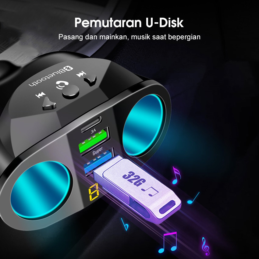 QC3.0 Pengisi Daya Mobil 90W, Pengisian Daya Cepat Dua USB Tipe C 12V 24V Bluetooth 5.0 FM Pemancar Pemutar Musik Adaptor Satu Seret Tiga Ringan dengan Dua Colokan Konversi