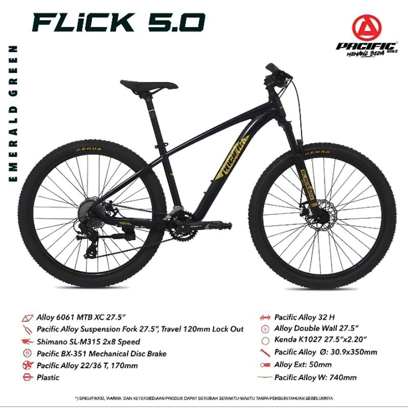 Sepeda Gunung MTB 27.5 Inch PACIFIC FLICK 5.0 Alloy 2x8 Speed New