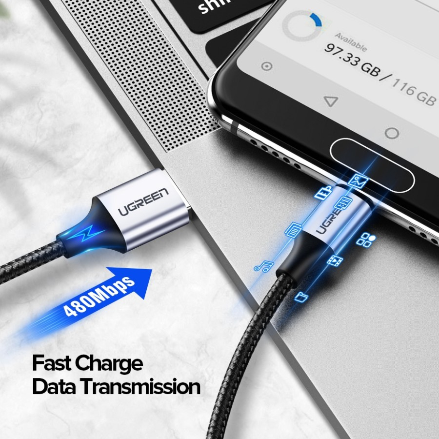 UGREEN Kabel Type C 3A 2.0 Nickel Plating Aluminium Braded USB A to C