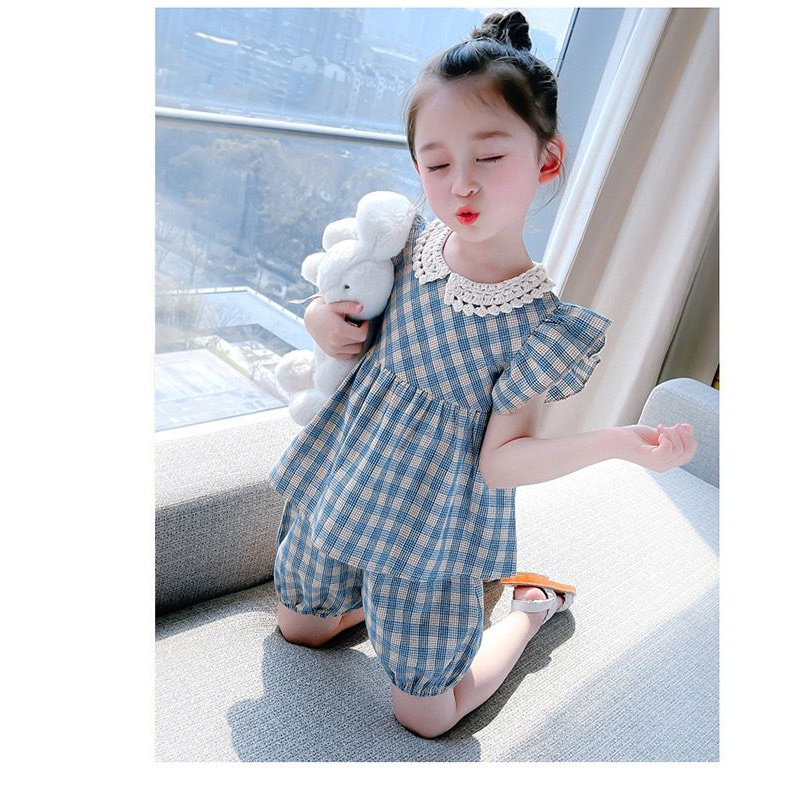 (LOLI-JKT) BD-421 DRESS DAN SETELAN  ANAK KOTAK BIRU KERAH GEMAS SIZE 100-140