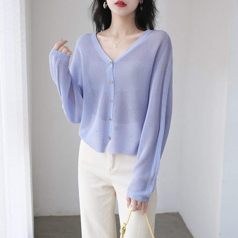 【Elegant】See Through V-neck Button Long Sleeved Cardigan 2097