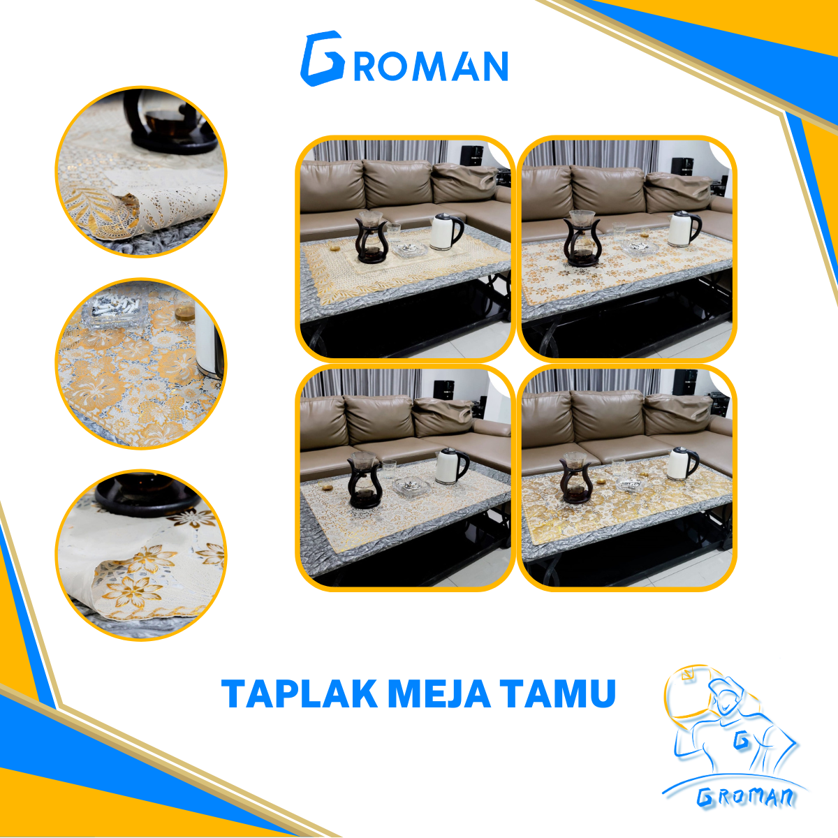 Taplak Meja Ruang Tamu PVC Alas Meja Anti Air Persegi Motif Minimalis Gold Vintage Renda Hias Premium