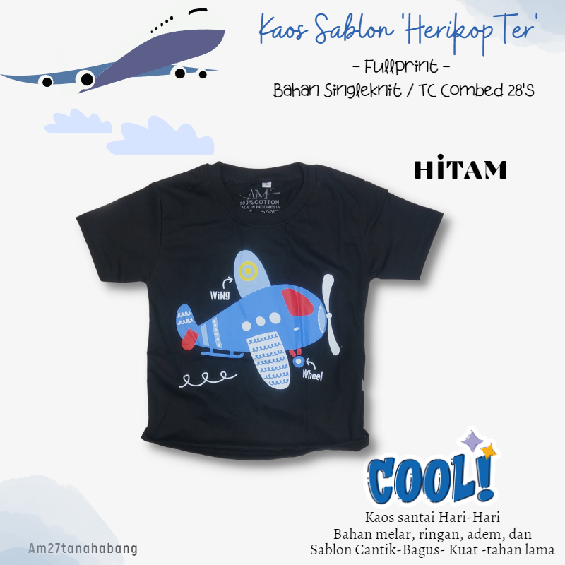 Baju Anak Cowok 3 bulan-10 tahun HERIKOPTER - Kaos004Sablon Pesawat
