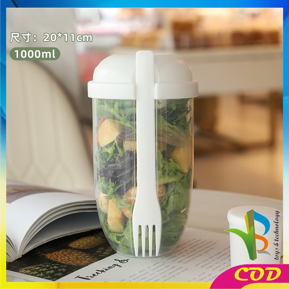 RB-C863 Botol Salad 1000ML dengan Sendok Garpu + Botol Saus Kecil Praktis Portable / Tempat Makan Buah Sayur Salad Transparan BPA FREE / Gelas Salad Plastik Import