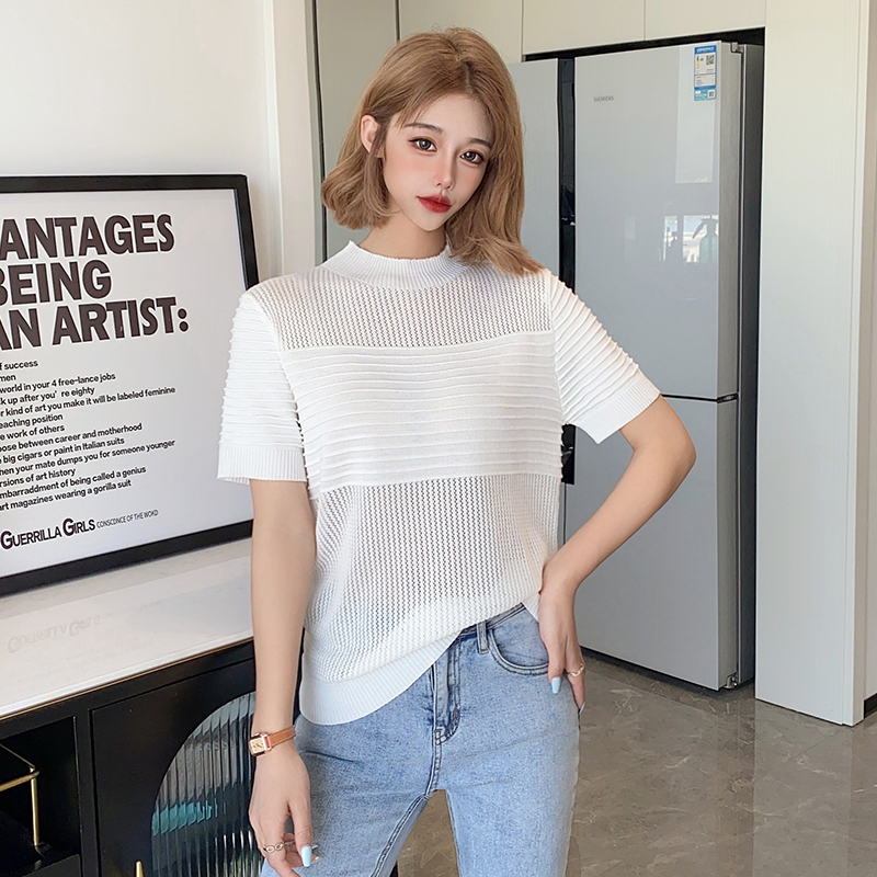 【Elegant】Half Turtleneck Knit Puff Short Sleeve Solid Jumper Shirts 2096