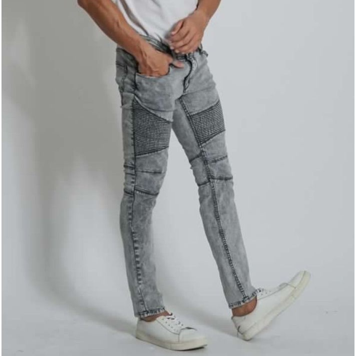 Wisdom - Celana Jeans  Bikers Snow Grey Acid Full Ripped Premium Softjeans Stretch Skinny