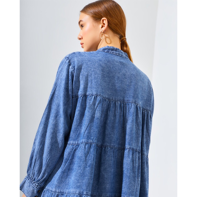 KEMEJA DENIM RUFFLE SAZZY - KEMEJA DENIM BKK - KEMEJA WANITA IMPORT