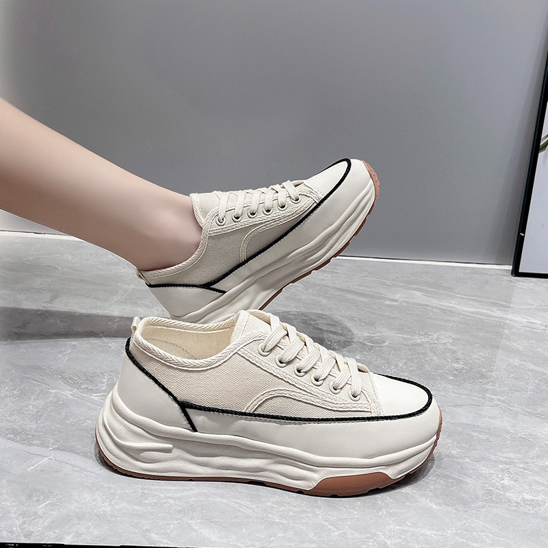 Sepatu Kets Sneakers Putih Wanita Perempuan Cewek Sekolah Korea Kasual Sepatu Olahraga Kanvas Checkerboard Sol Karet Tali Import Murah Casual Fashion White Beige Sport Shoes - Ukuran 35 36 37 38 39 40