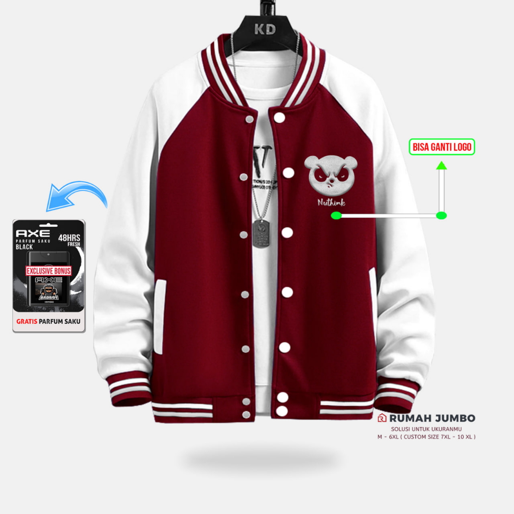 Jaket Bomber Varsity Oversize (M - 6XL) Baseball Custom NUTHING MARON WHITE