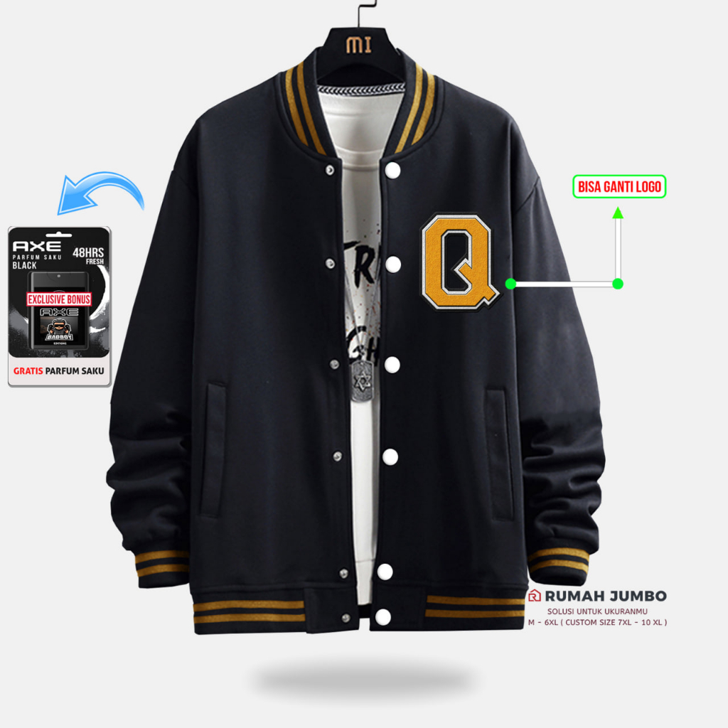 Jaket Bomber Varsity Oversize (M - 6XL) Baseball Custom Q BLACK