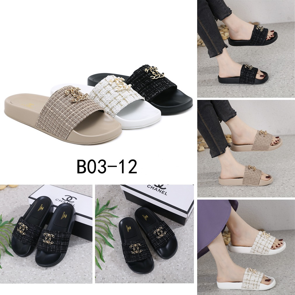 ch B03-12 Tweed Logo Sandals Slide Mules