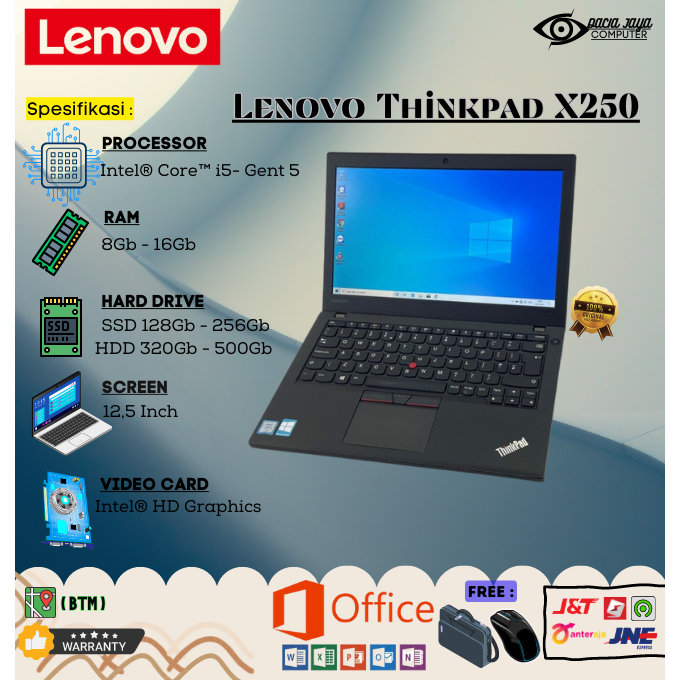 Laptop lenovo Thinkpad X250 Core i5 Gen 5 Ram 8GB Ssd 256GB/ Bergaransi Minimalis SECOND LIKE NEW, U