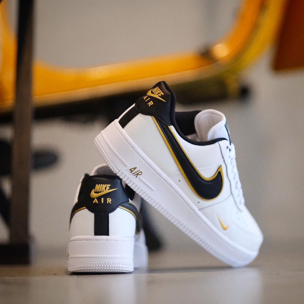 NIKE AIR FORCE 1 LOW LV8 WHITE BLACK GOLD DOUBLE SWOOSH