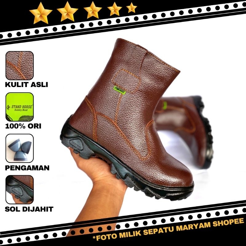 Sepatu Safety Pria Boots Proyek Kulit Sapi Asli Kerja Lapangan Septi Ujung Besi Safety Shoes COD