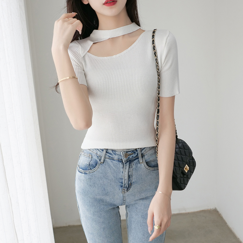 【Elegant】Off Shoulder Short Hollow Out T-shirt 2120