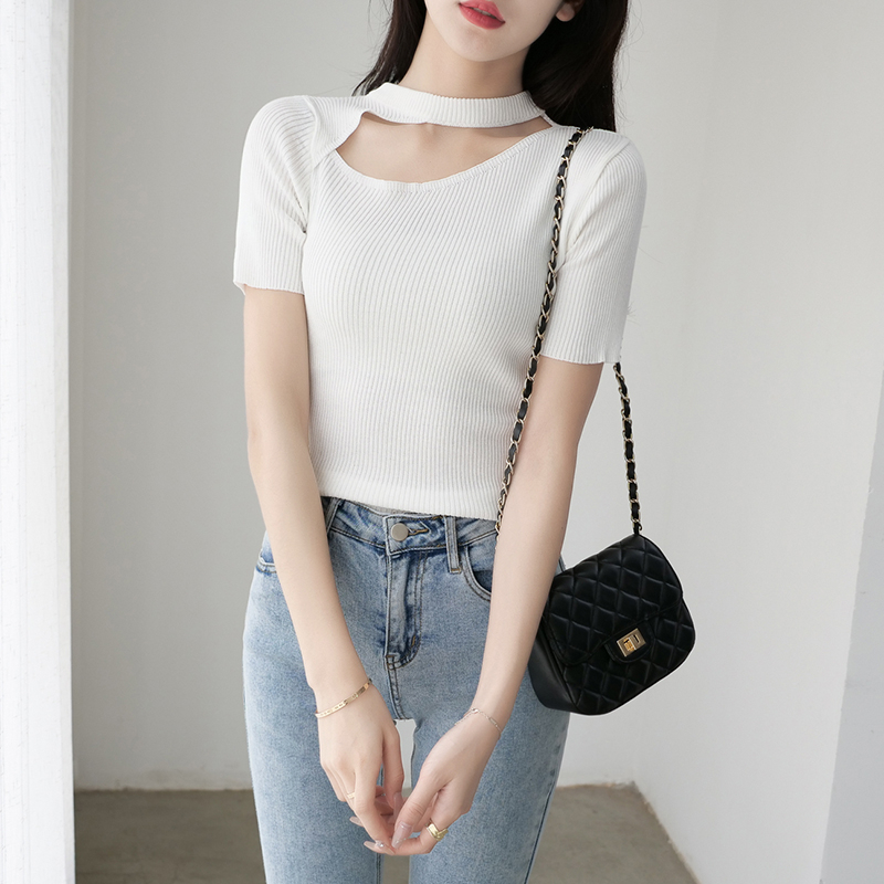 【Elegant】Off Shoulder Short Hollow Out T-shirt 2120