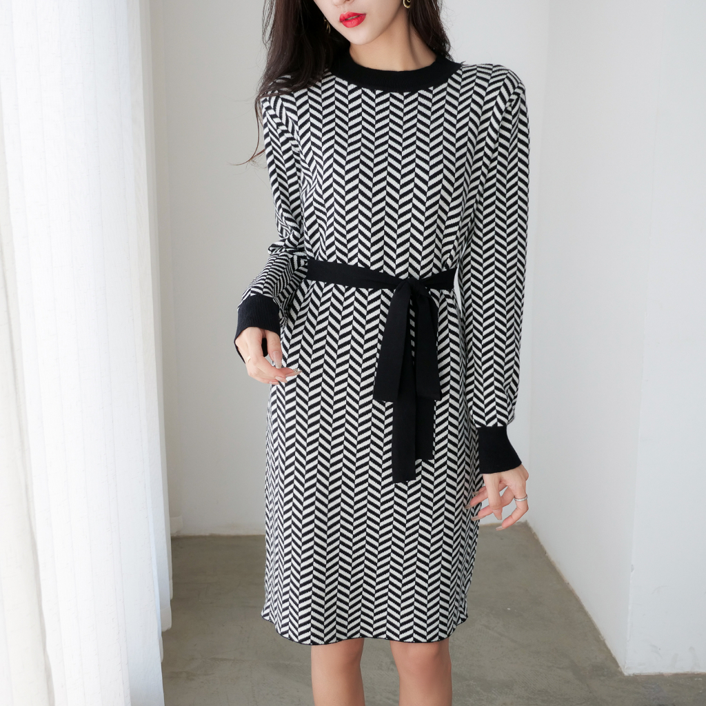 【Elegant】Zigzag Midi Belted Dresses 2102