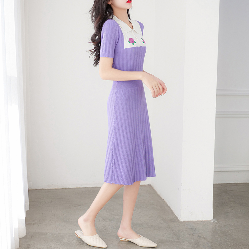 【Elegant】A-Line Elegant Knitted Short O Neck Mid Calf Dress 2098