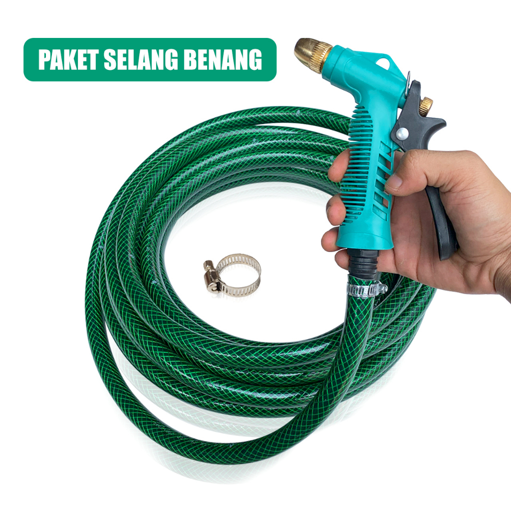 Paket Selang Serat Benang Anti Lumut Selang Benang Ukuran 3/4  - Selang Air Anti Tekuk FREE Kepala Semprotan Hose Nozzle + 2 Klem