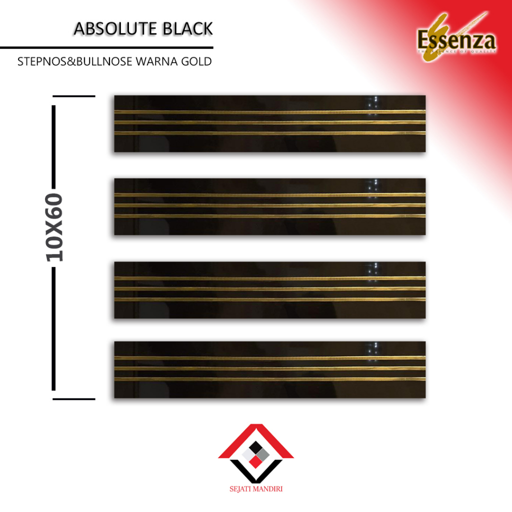 granit 10x60 - hitam glossy stepnos+bullnose - garis emas