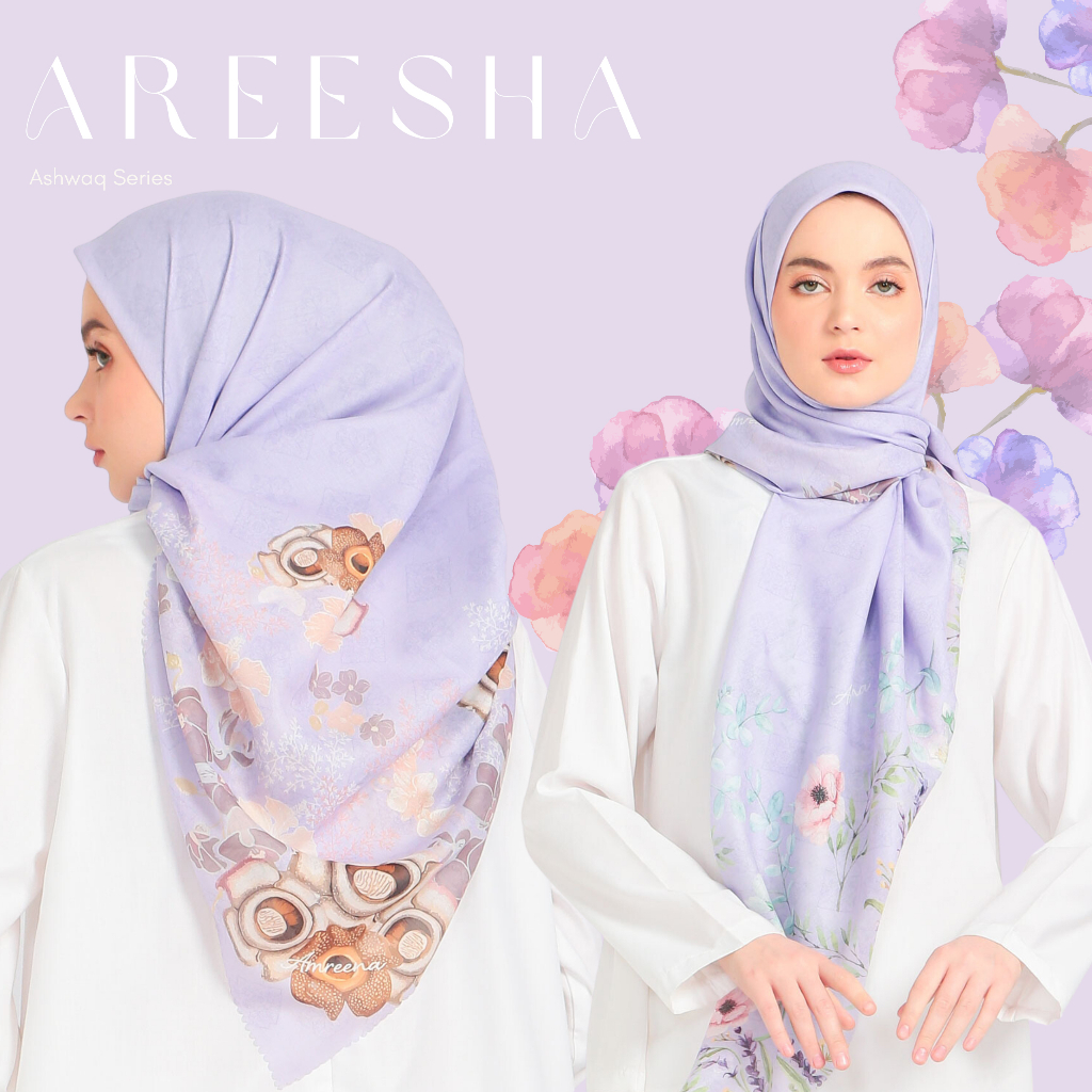 AMREENA Ashwaq Series Hijab Jilbab Jumbo Syari 130x130 Areesha Motif Printing Segi empat Voal Premium Ultrafine Ungu Muda