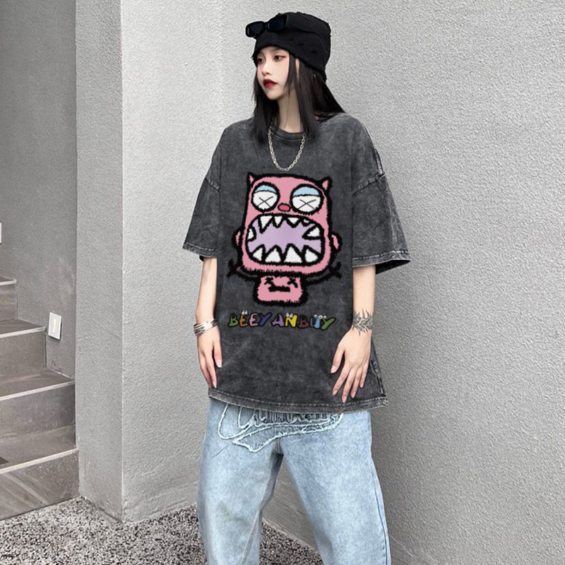 XIAOZHAINV Korean Style Kartun Monster Kecil Pattern Washed Printing Kaos Wanita A0918/Atasan Wanita Terbaru