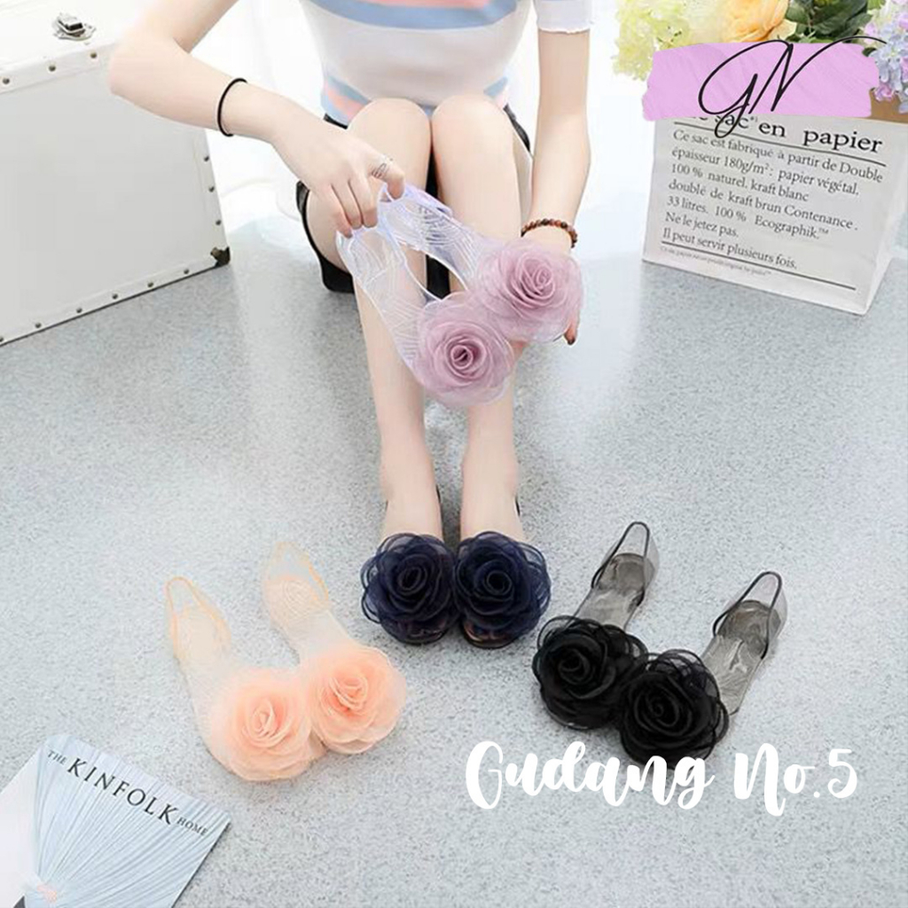 GN-186 Flatshoes Jelly Wanita Import Slop Flat Flower Fashion Model Terbaru