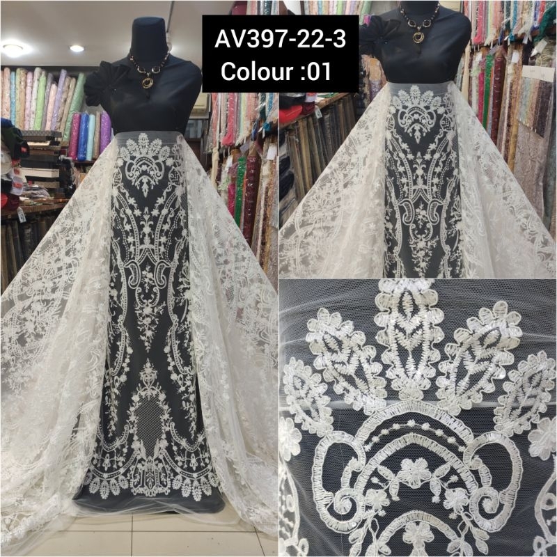 Kain Tile Brokat Etnik Payet Batu Akar Bridal AV397-22-3 Off white