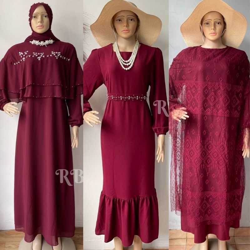 Gamis Burgundy Maroon Dress Merah Marun Seragaman Pesta Lebaran Kondangan