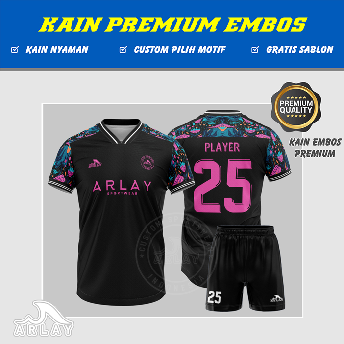 JERSEY FUTSAL CUSTOM ARLAY - BAJU BOLA PRINTING KEREN WARNA HITAM KERAH POLO BULAT KANCING V NECK SI