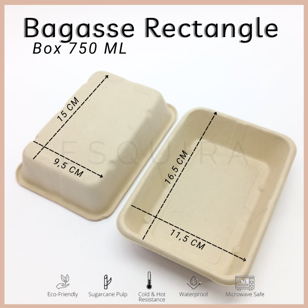 Bagasse Rectangle / Lunch Box 750 ML/Pulp Lid /Mika Lid /10 PCS/ C750,C750X