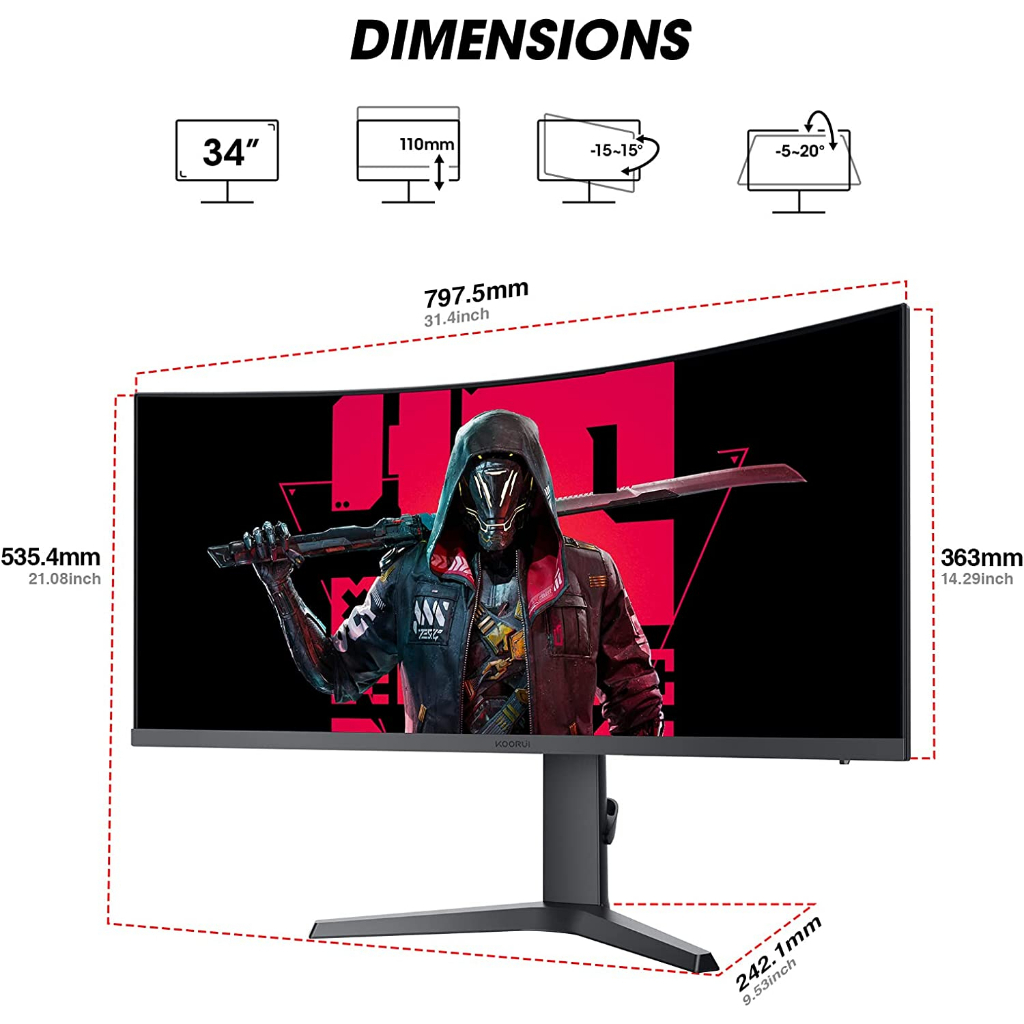 KOORUI 34 inch monior 34E6UC Curved Gaming Monitor 21:9 Ultra Wide 165Hz 1ms HDR 400 3440*1440 1000R-5