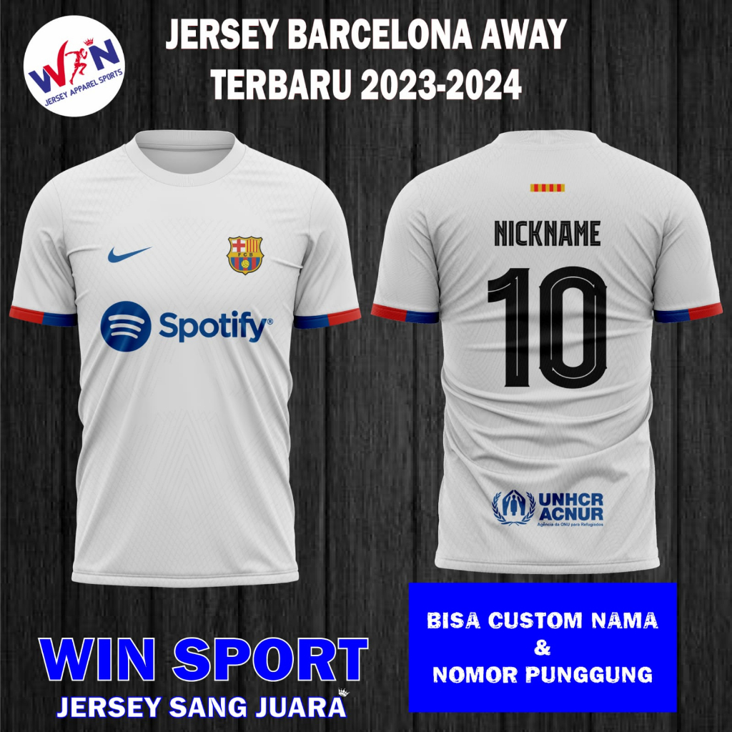 Setelan Sepak Bola Jersey Barca BARCELONA AWAY 2023 2024 Terbaru Liga Champions UEFA, Jersey Bola Desain Full Printing, Free Custom Nama dan Nomor Punggung, Tersedia Ukuran Dewasa dan Anak Jersey Messi anak