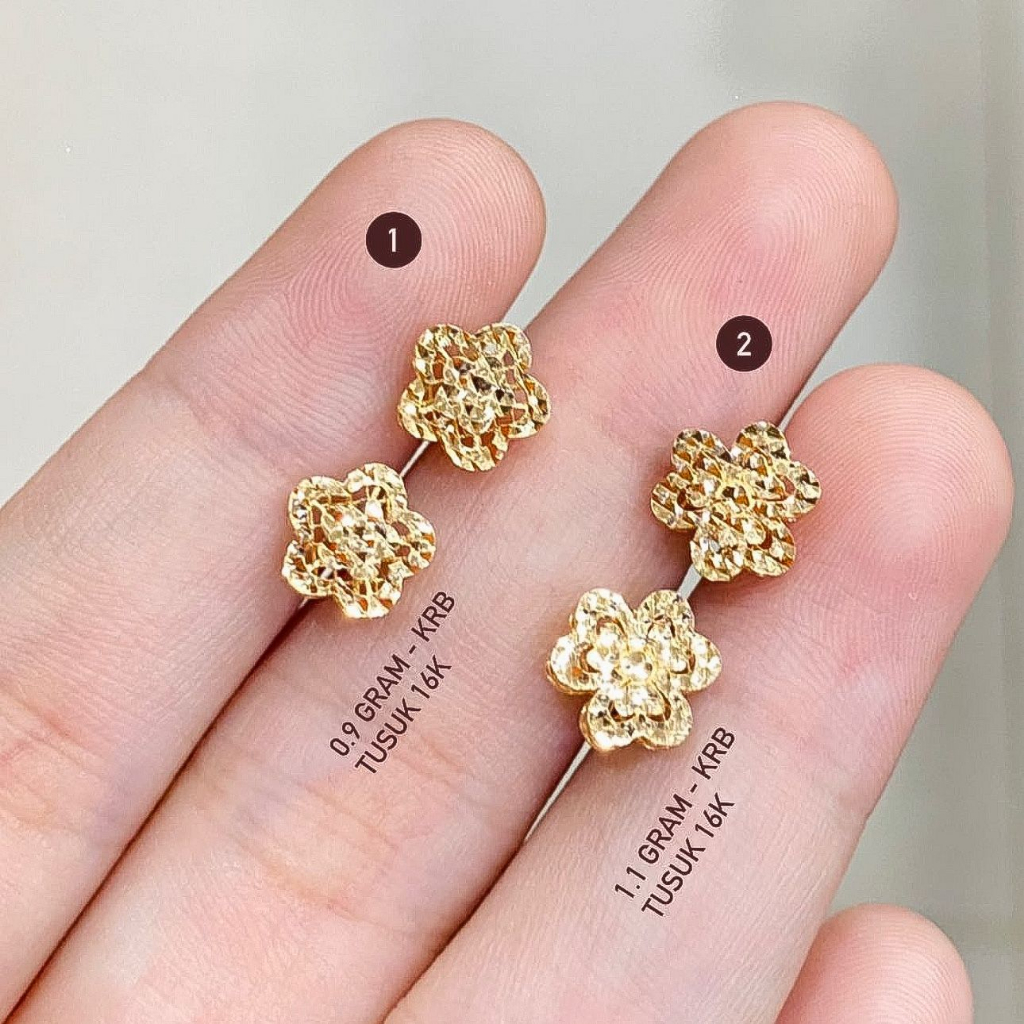 Anting anak dan dewasa emas asli kadar 70 16k bunga clover lucky paku cucuk tusuk duduk kerabu