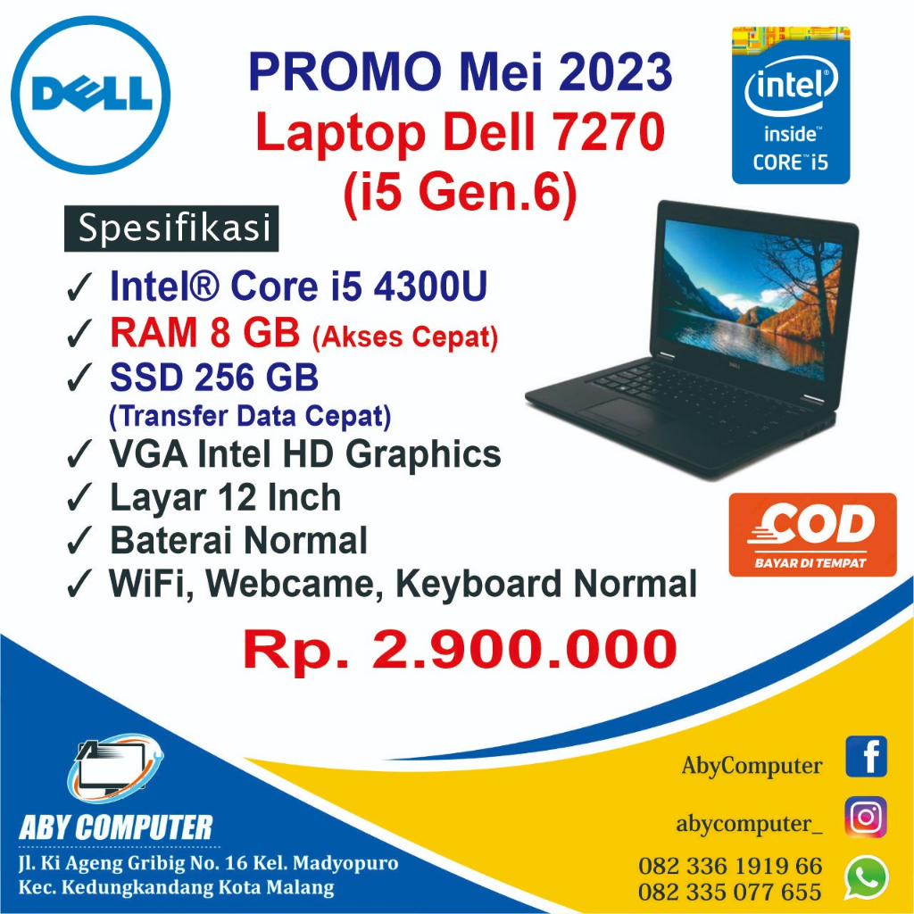 Laptop Dell 7270 Core i5 Gen.6 Ram 8 GB - SSD 256 GB - Layar 12 inch - Normal Siap Pakai