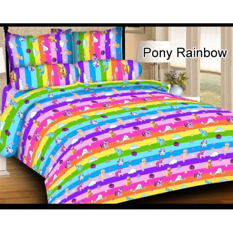 Sprei Karakter Anak Motif Kuda Poni Rainbow 180x200 Free Sarban2 Sargul1 Bahan Lembut Adem Tidak Pud