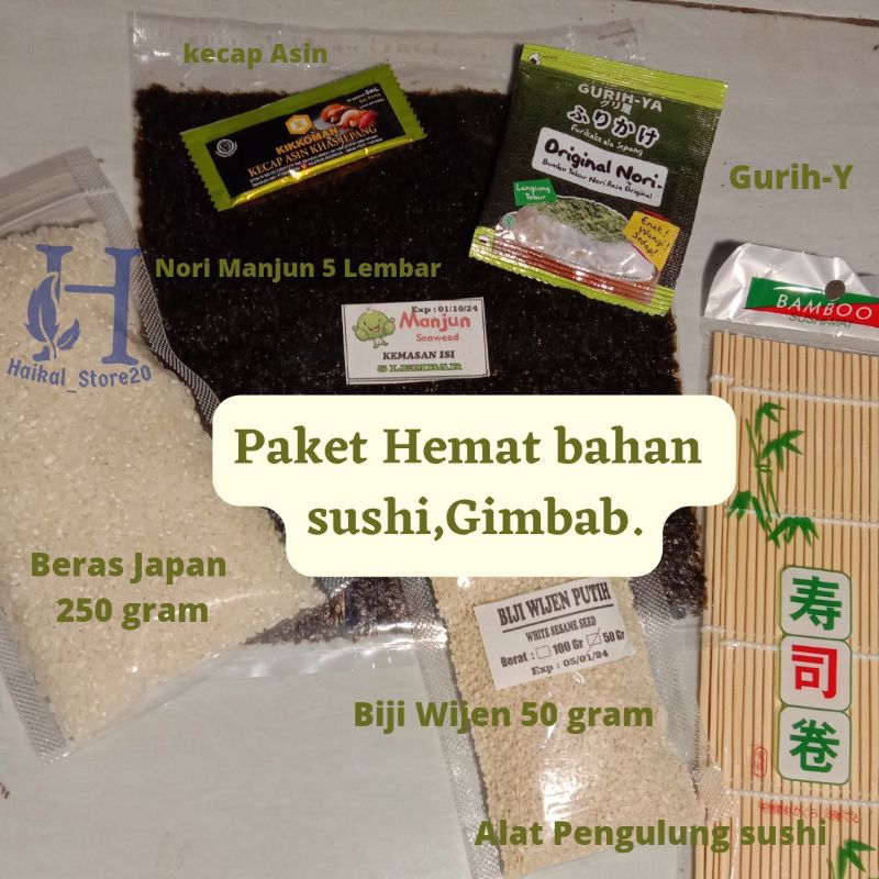 

Paket Hemat Bahan Buat Sushi Gimbab Beras 250gr, Kikoman,Gurih ya, Bijih wijen, Bamboo, Nori 5 Lembar..