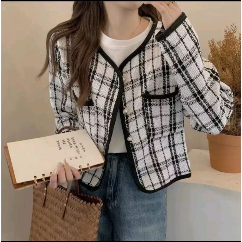 Outer Cardigan twedd blezer knit Wanita Import