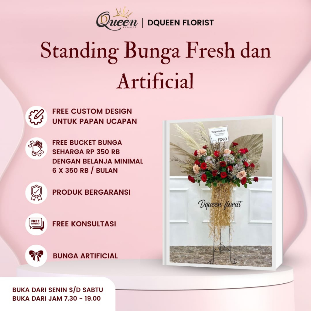 DQueen Florist Standing Flower Ulang Tahun Birthday Bunga Artificial dan Fresh Dekorasi Wedding Flowers Rangka Besi Custom Warna