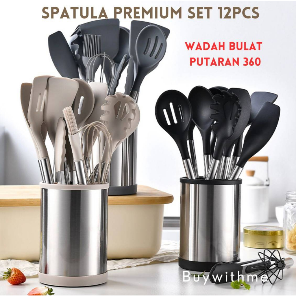 Spatula Silikon Set 12PCS Wadah Bulat Putaran 360 - Utensil Silicone Set Stainless