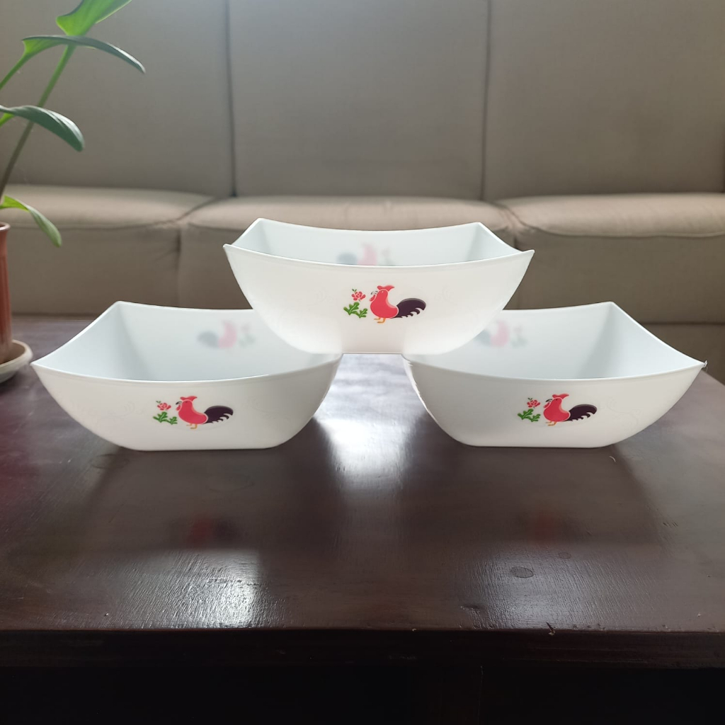 [6pcs] MANGKOK PLASTIK MOTIF AYAM JAGO KOTAK / MANGKOK SEGI AYAM