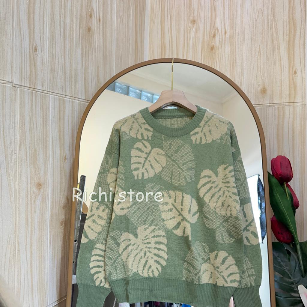 Zivana Blouse Rajut Atasan Wanita Kerah Bulat Motif Daun