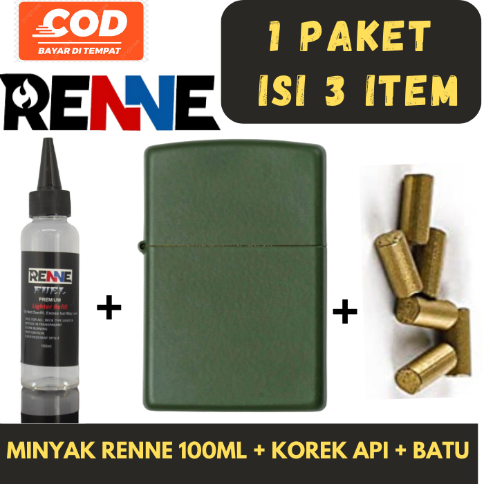 Paket Hemat Korek Api Kantai Hijau Tua Plus Minyak Renne 100ml dan Batu Api