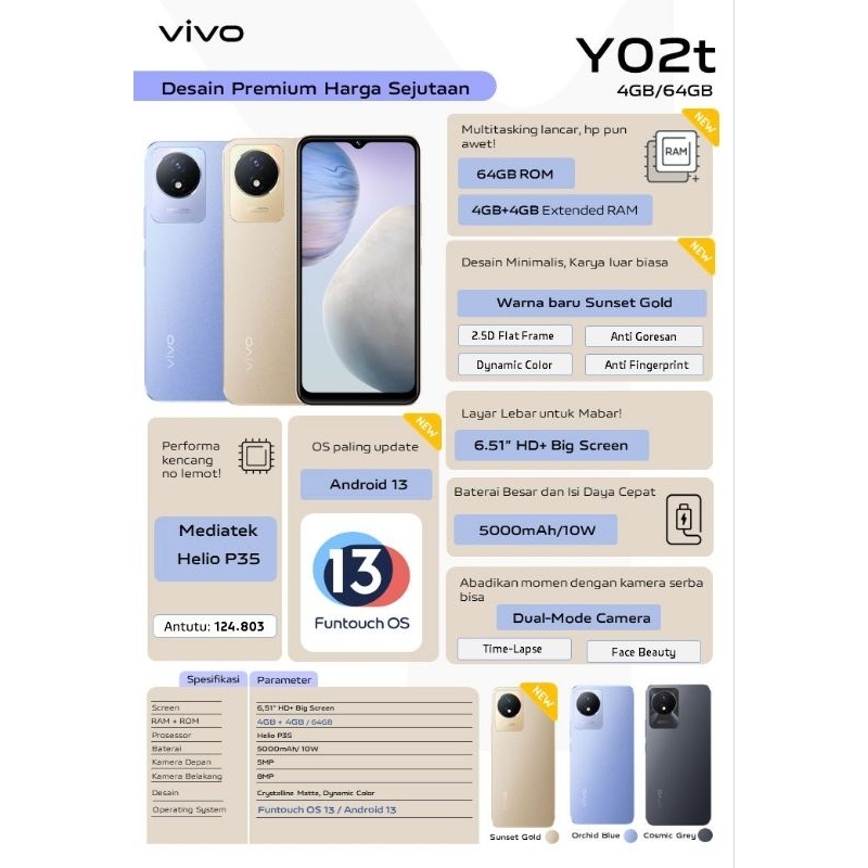 Vivo Y02t ram 4+4/64gb Garansi Resmi