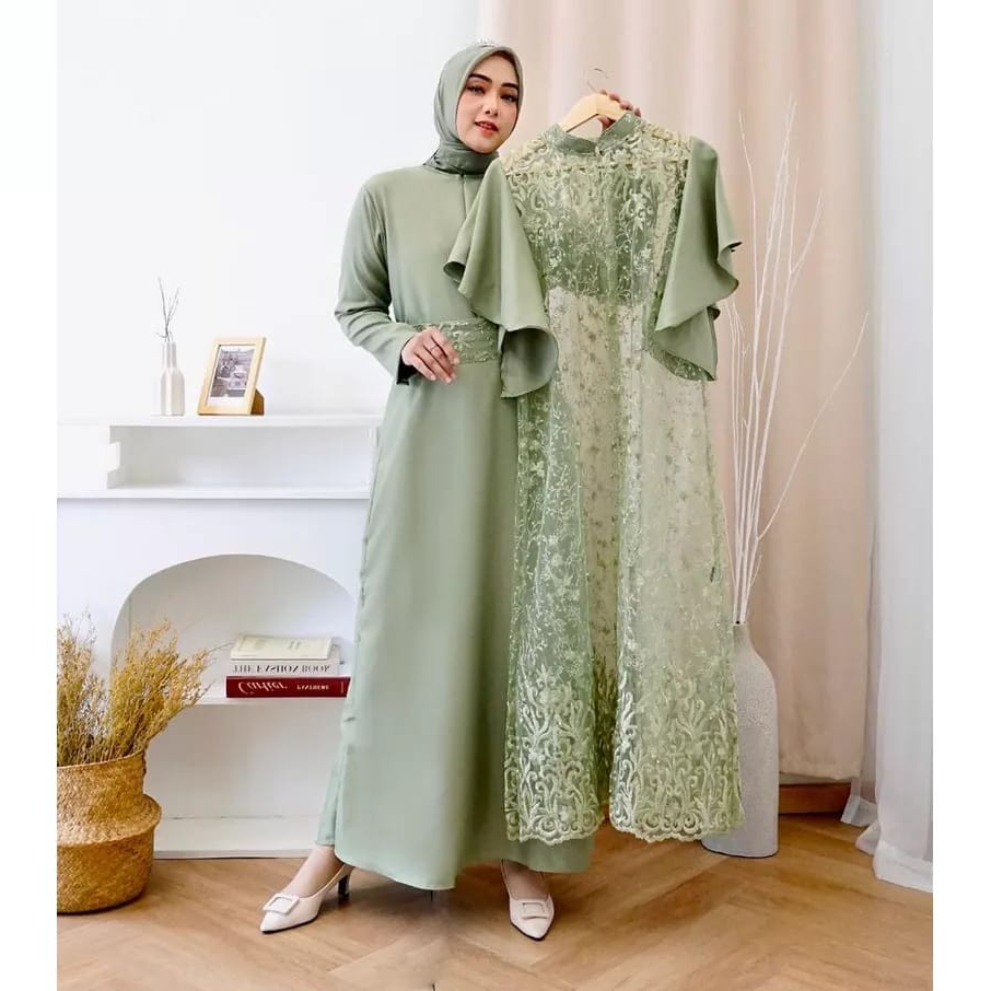 Viona Dress Terbaru One Set Dress Inner Premium Free Belt Gamis Cardi Tile Kekinian Dress Kondangan Gamis Maxi Plus Outer Brukat Tile Mutiara