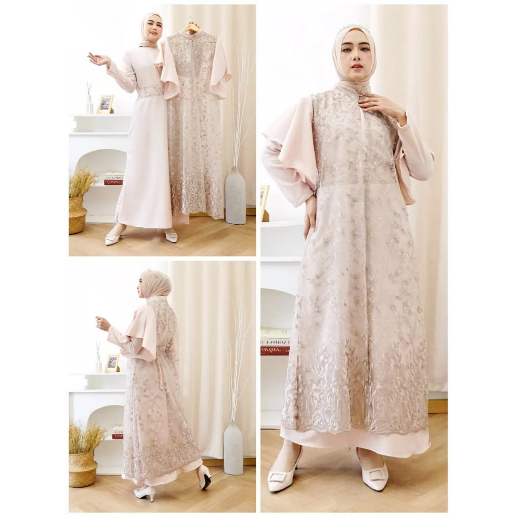 Viona Dress Terbaru One Set Dress Inner Premium Free Belt Gamis Cardi Tile Kekinian Dress Kondangan Gamis Maxi Plus Outer Brukat Tile Mutiara