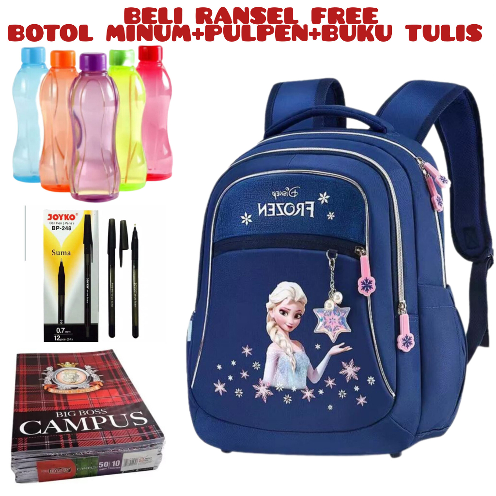 JS_Beli  1 Dapat 4-Tas Sekolah Disney Frozen Untuk Anak Perempuan Elsa Anna Olaf Ransel Ortopedi Bahu Siswa TK/SD/SMP Kapasitas Besar Beli Ransel Free Botol Minum+Pulpen+Buku Tulis