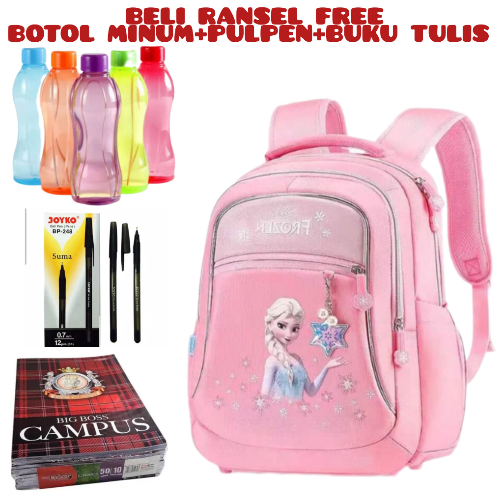 JS_Beli  1 Dapat 4-Tas Sekolah Disney Frozen Untuk Anak Perempuan Elsa Anna Olaf Ransel Ortopedi Bahu Siswa TK/SD/SMP Kapasitas Besar Beli Ransel Free Botol Minum+Pulpen+Buku Tulis