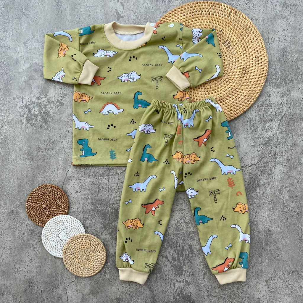 Setelan Baju Bayi Piyama Bayi Lengan Panjang Motif Printing Dino Usia 3-12 Bulan Anababy